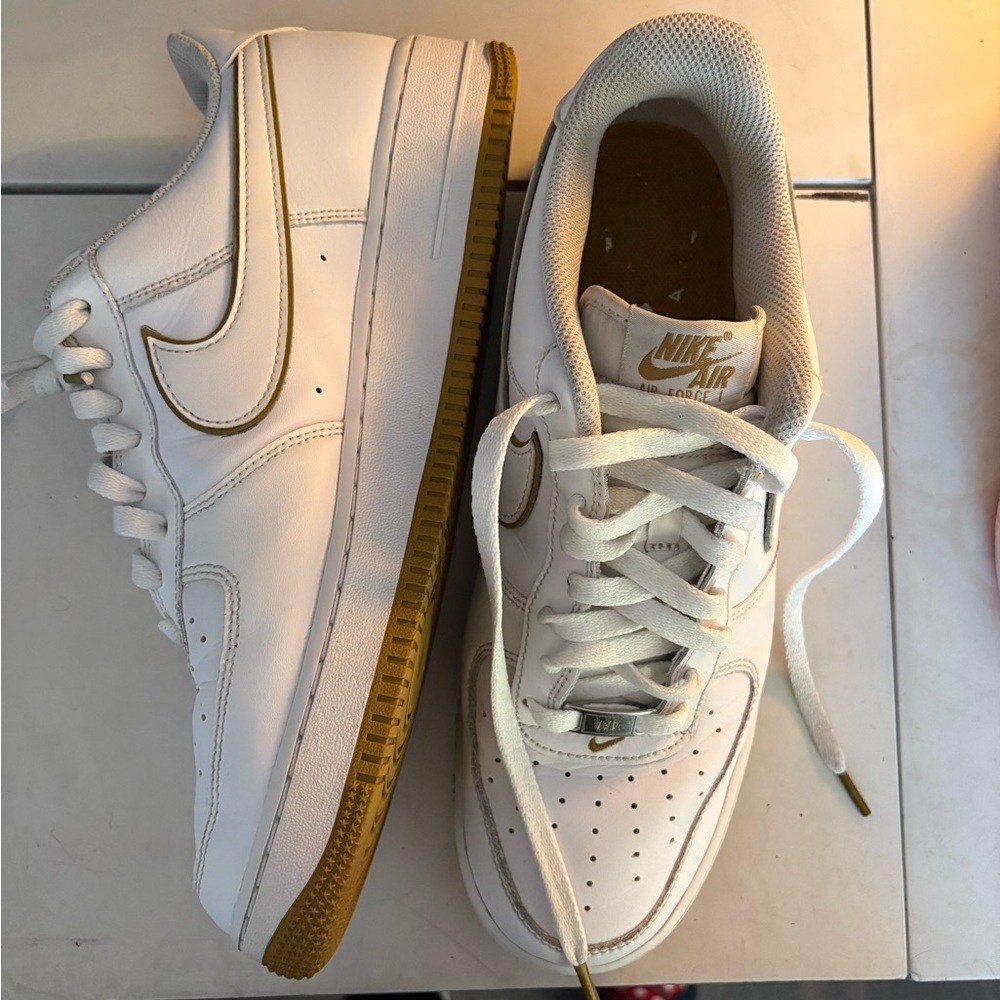 Nike Mens White and Gold Air Force 1s